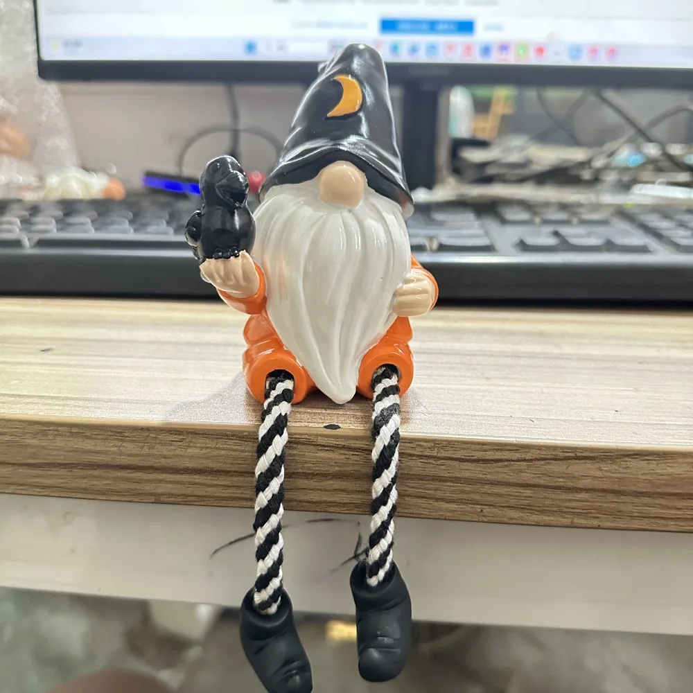 Hand-Painted Halloween Gnome Shelf Sitter Spooky Pumpkin Dangling Leg Gnome Statue Striped Legs Resin