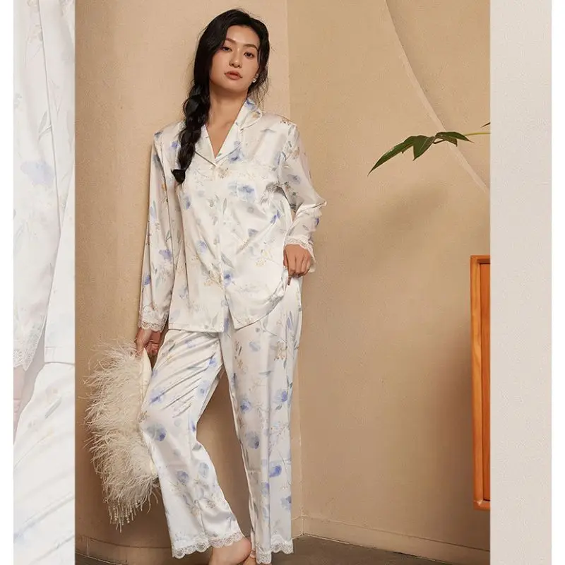 Women\'s Pajamas Sets Spring Autumn 2 Piece Flower Print Pyjama Femme Faux Silk Satin Sleepwear Long Sleeve Pijama Mujer Homewear