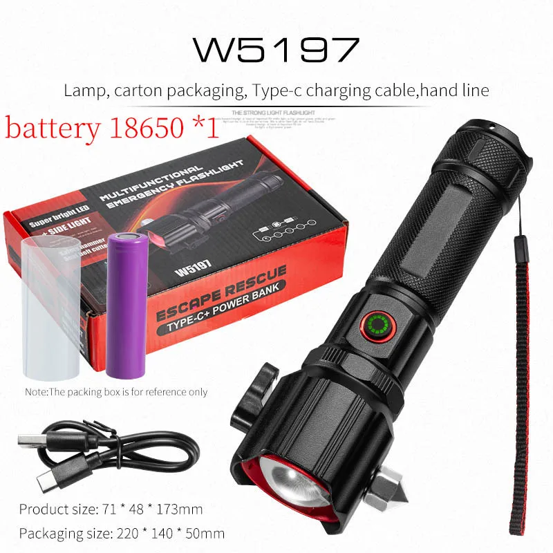 bright 5000lumen led zoom flashlight torch rechargeable 18650 battery charger High Power Zoom LED Flashlight with USB Charging COB Safety Hammer  Multi-functional Waterproof Aluminum Alloy White Laser Torch