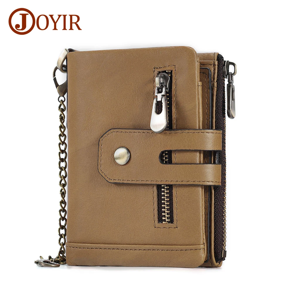 JOYIR Mens Wallet with Chain Genuine Leather Purse RFID Blocking Bifold Double Zipper Coin Pocket with Anti-Theft Chain New 