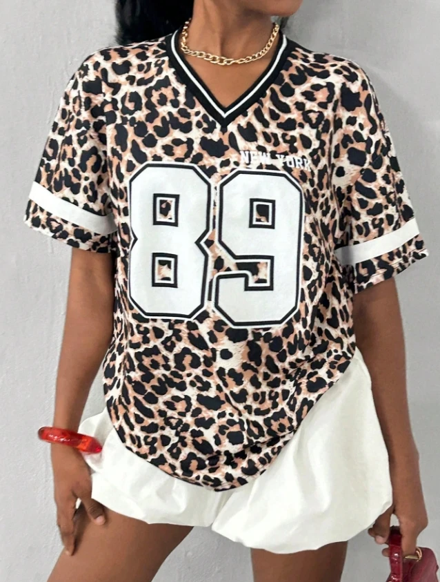 

NEW YORK Леопардовый No 89 Женская футболка с v-образным вырезом и коротким рукавом Летняя футболка с рисунком Бейсбольные майки Спортивная футболка больших размеров