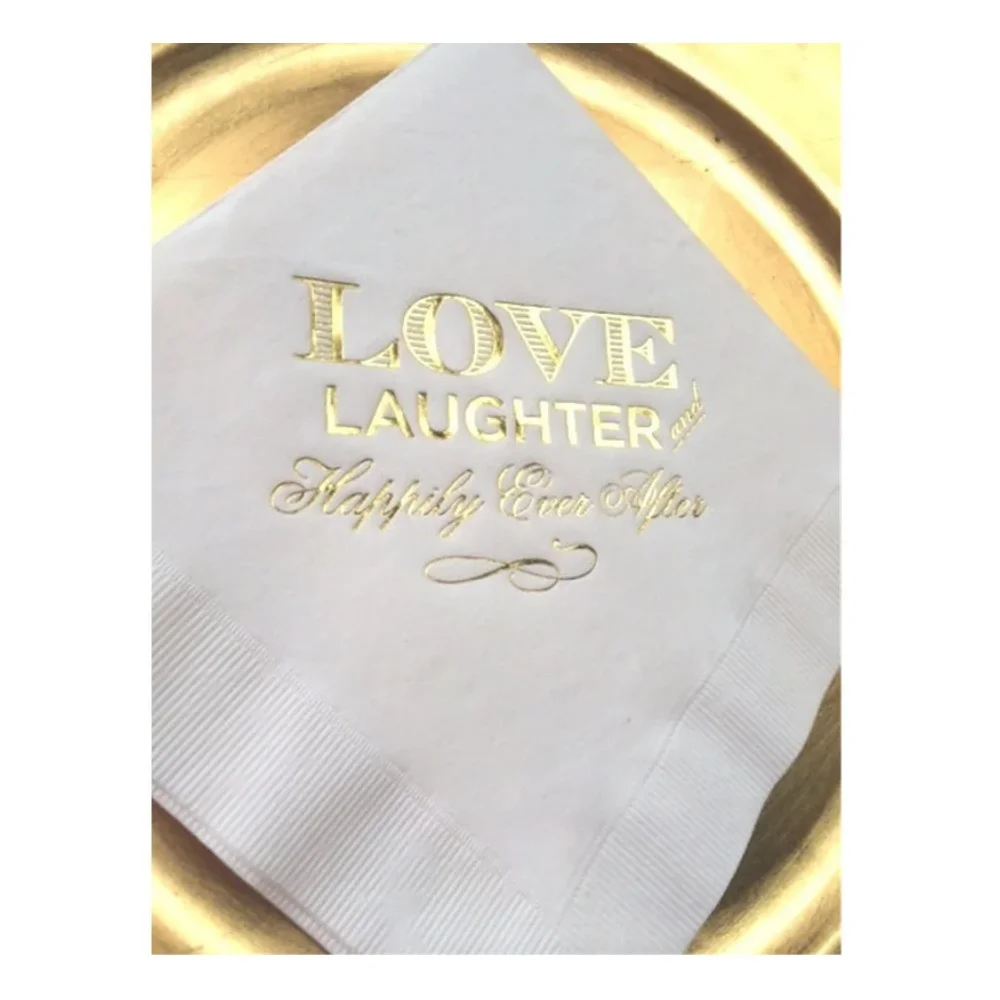 

Personalized White Metallic Gold Foil Lunch Napkins, Luncheon Napkins, 3 Ply, Love, Laughter, Happily Ever After, Bridal Shower