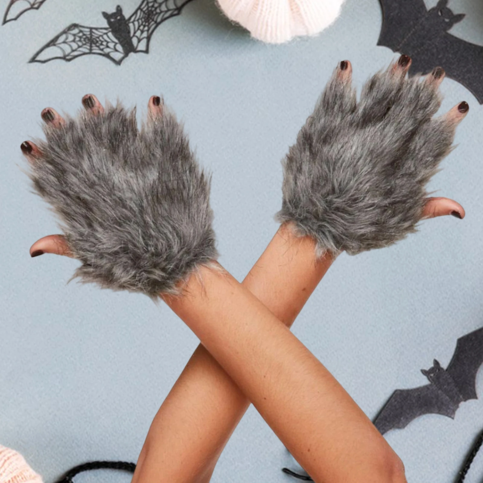 Halloween Wolf Paw Costume Gloves Grey Hairy Werewolf Claw Cuffs Hands Animal Cosplay Costume Accessories
