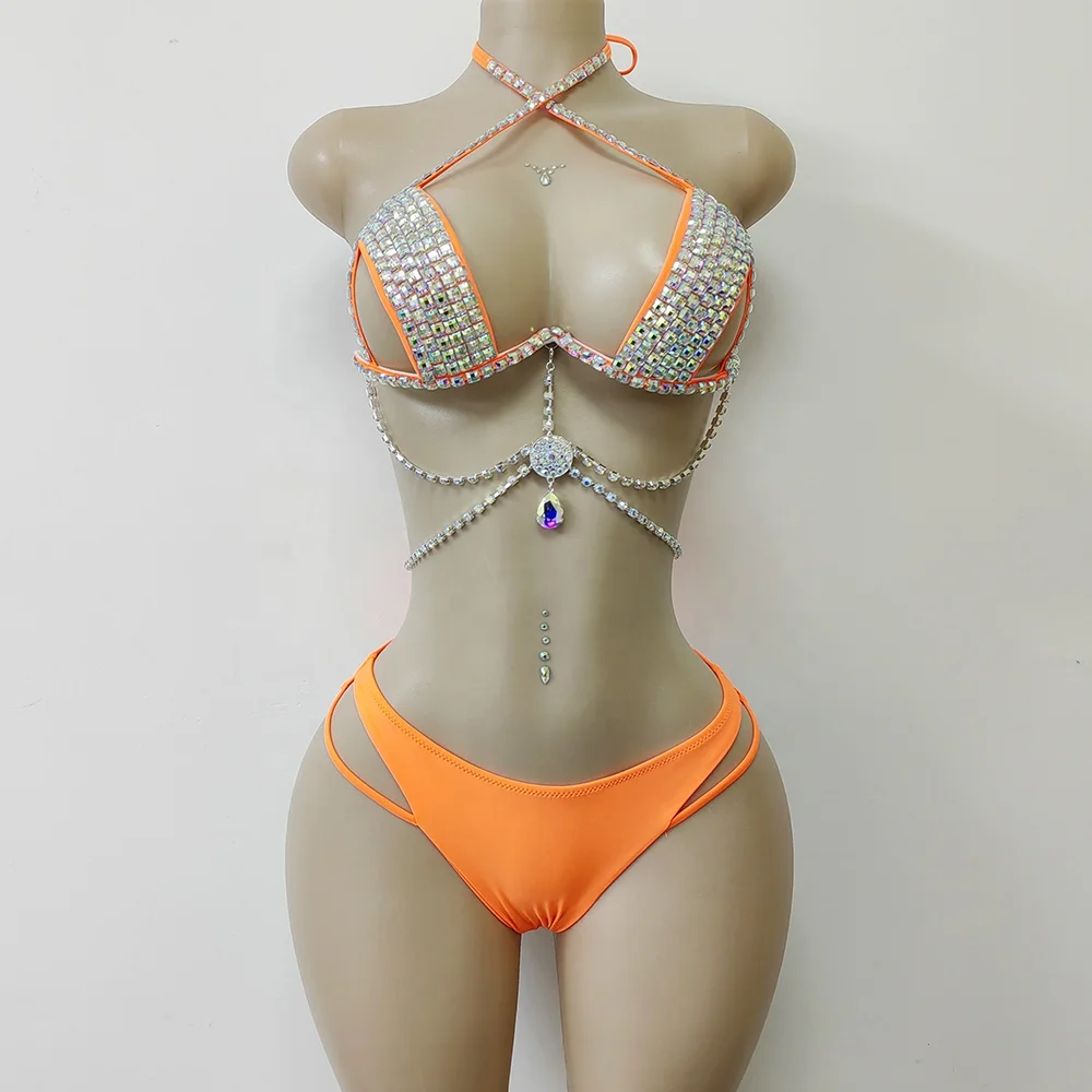 

Custom Nylon Two Piece Bikini Top Exotic Diamond Chain Ladies Spandex Exotic Dancewear Women Sexy Stripper Outfits