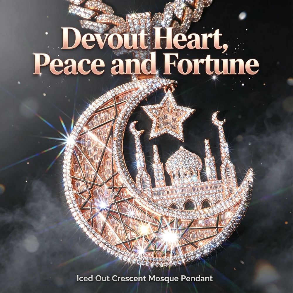 Iced Crescent Mosque Star Pendant Men Hip Hop Charm 18K Rose Gold Plated Full Paved CZ Bling Jewelry Islamic Muslim Religious Moon Cuban Link Chain Accessories Shiny Faith Statement For Rappers Club Urban Street Daily Fashion Wear For Male Hipster Lovers