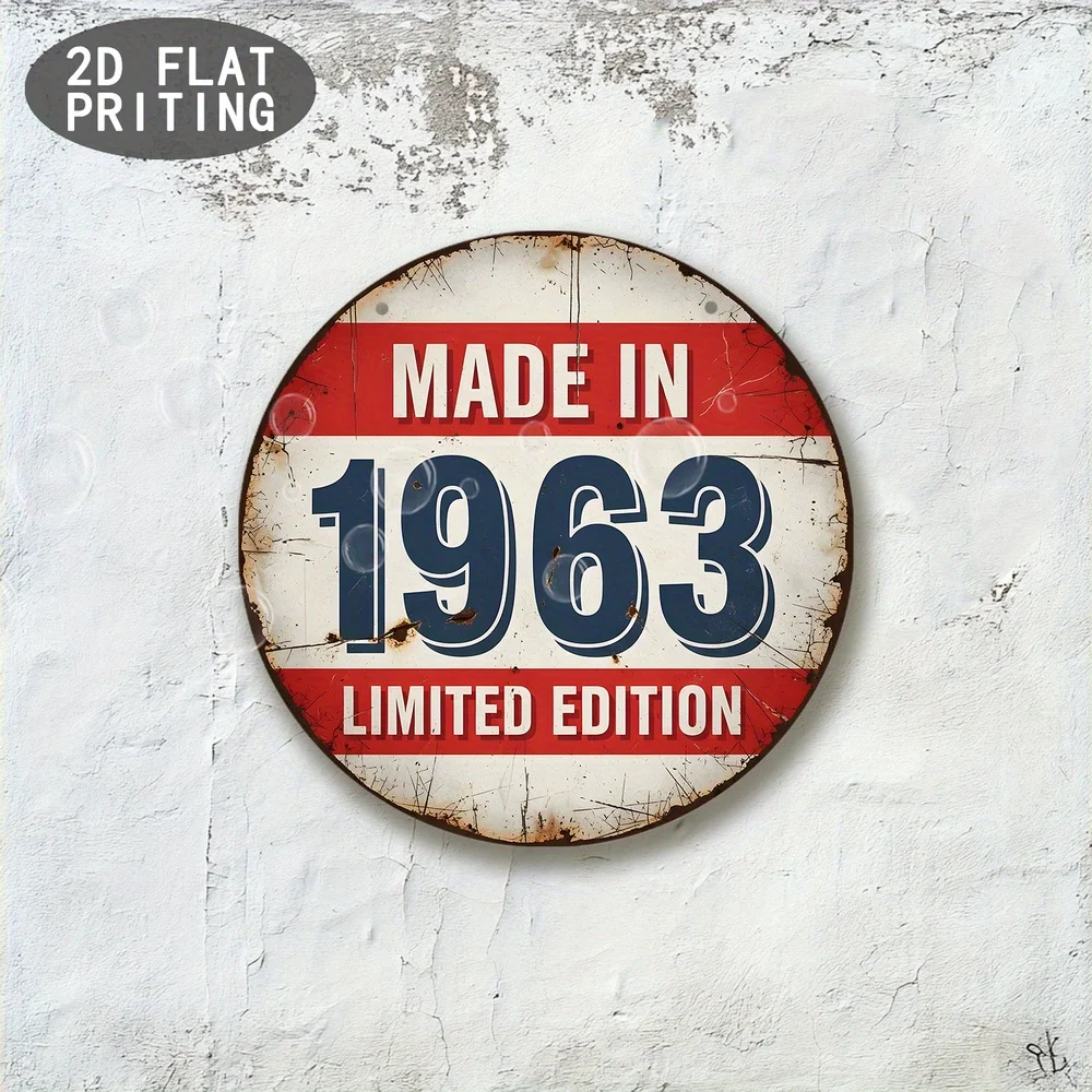 2D-Flächendesign, 1 Stück - Vintage-Wandschild aus dem Jahr 1963 - ein rot-blaues, laminiertes Holzschild mit Abnutzungsspuren