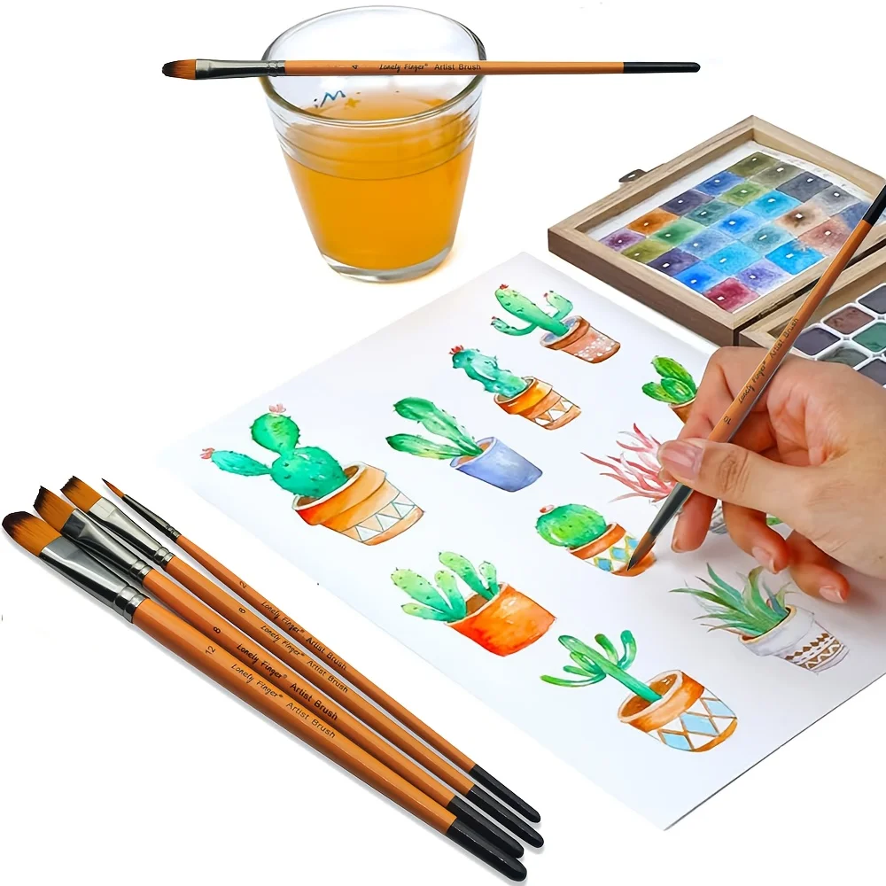 Pinselset, 1 Packung mit 6 Stück, Künstlerpinsel mit Nylonhaar, für Acryl, Öl, Aquarell, Miniatur-Detailarbeiten – Detail 5