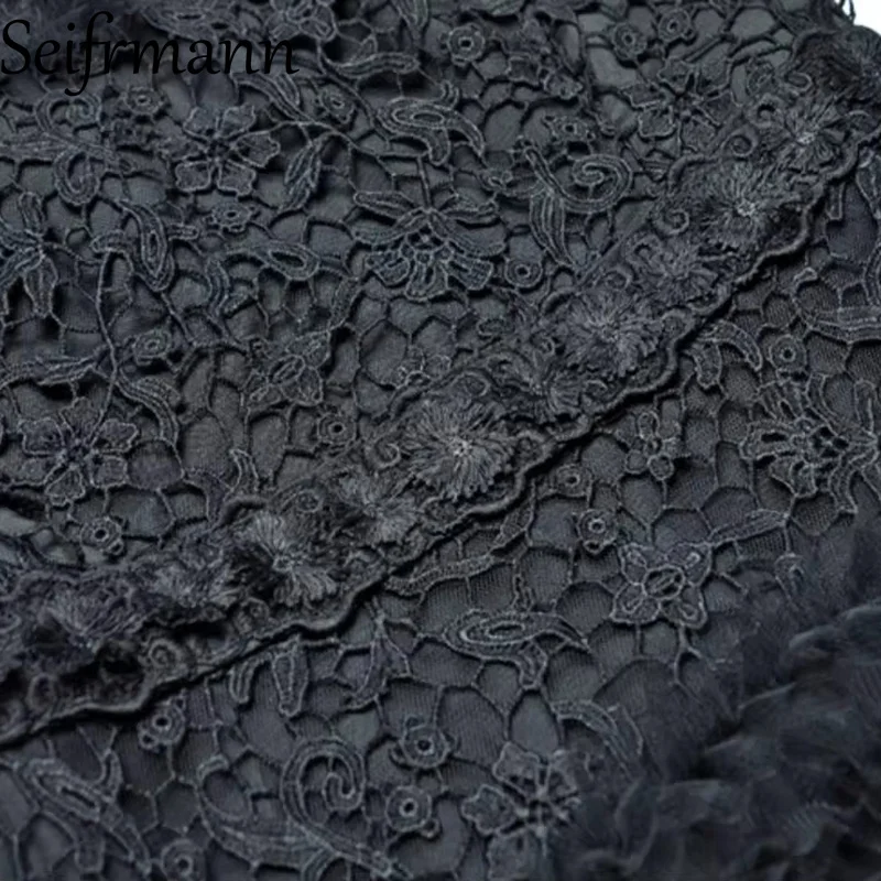 Seifrmann 2026 Frühling frauen Neue Mode Rundhals Laterne Langarm Spleißen Mesh Wasserlösliche Blume Taille Kleid