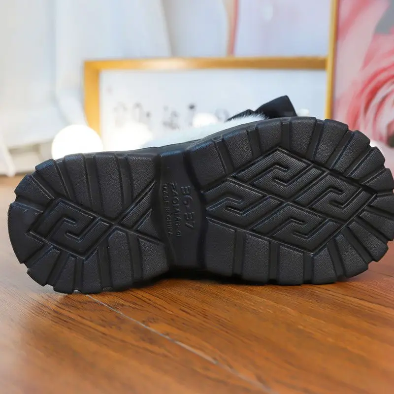 High heels 7.5cm bow slippers home women 2025 Autumn Winter Warm Thick Bottom plush Slides Women\'s Platform Waterproof Slippers