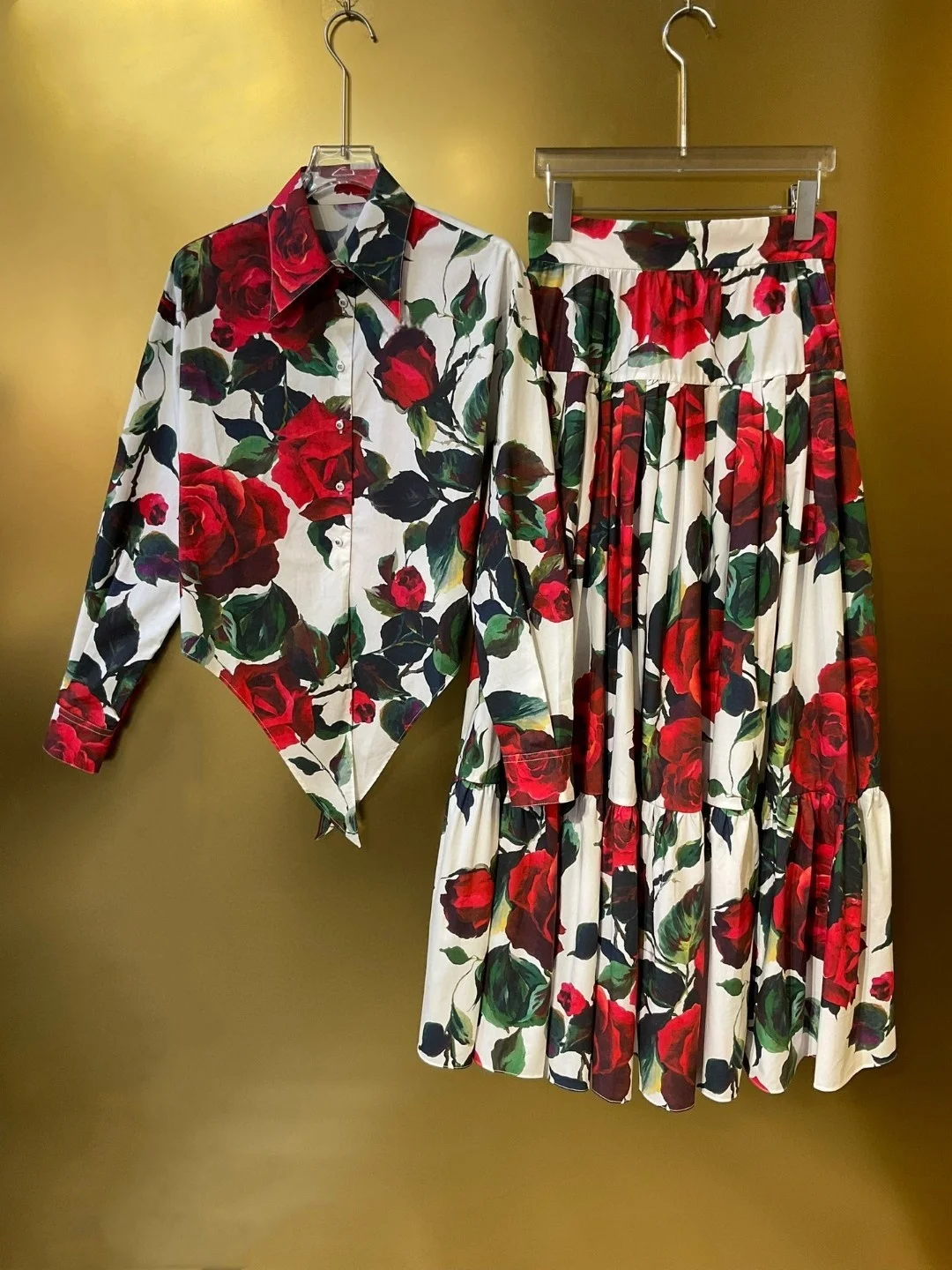 Luxury Fashion Women's Rose Print Cotton 2 Piece Set  Tie-Waist Long Sleeve Shirt & Maxi Skirt High Quality Spring Casual Outfit