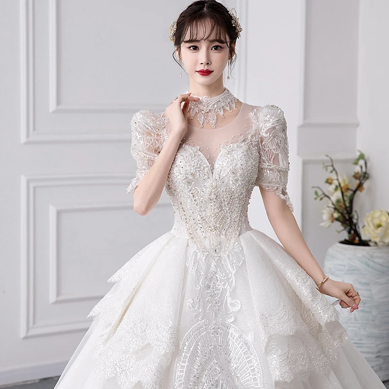 2024 ใหม่หรูหราชุดแต่งงานแขนสั้นลูกไม้ Applique ชุดเจ้าสาวชุดบอล Vestido De Noiva PLUS ขนาดที่กําหนดเอง