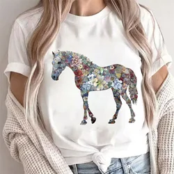 Floral Horse Funny Graphic Blouse Women T-Shirt Short Sleeve O-Neck Creative T Shirts Fashion Breathable Y2k Tops Casual Tees