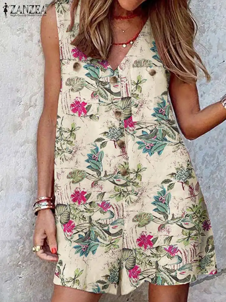 

2023 ZANZEA Women Summer Rompers Floral Printed Vintage V Neck Sleeveless Jumpsuits Casual Party Playsuits Holiday Overalls 5XL