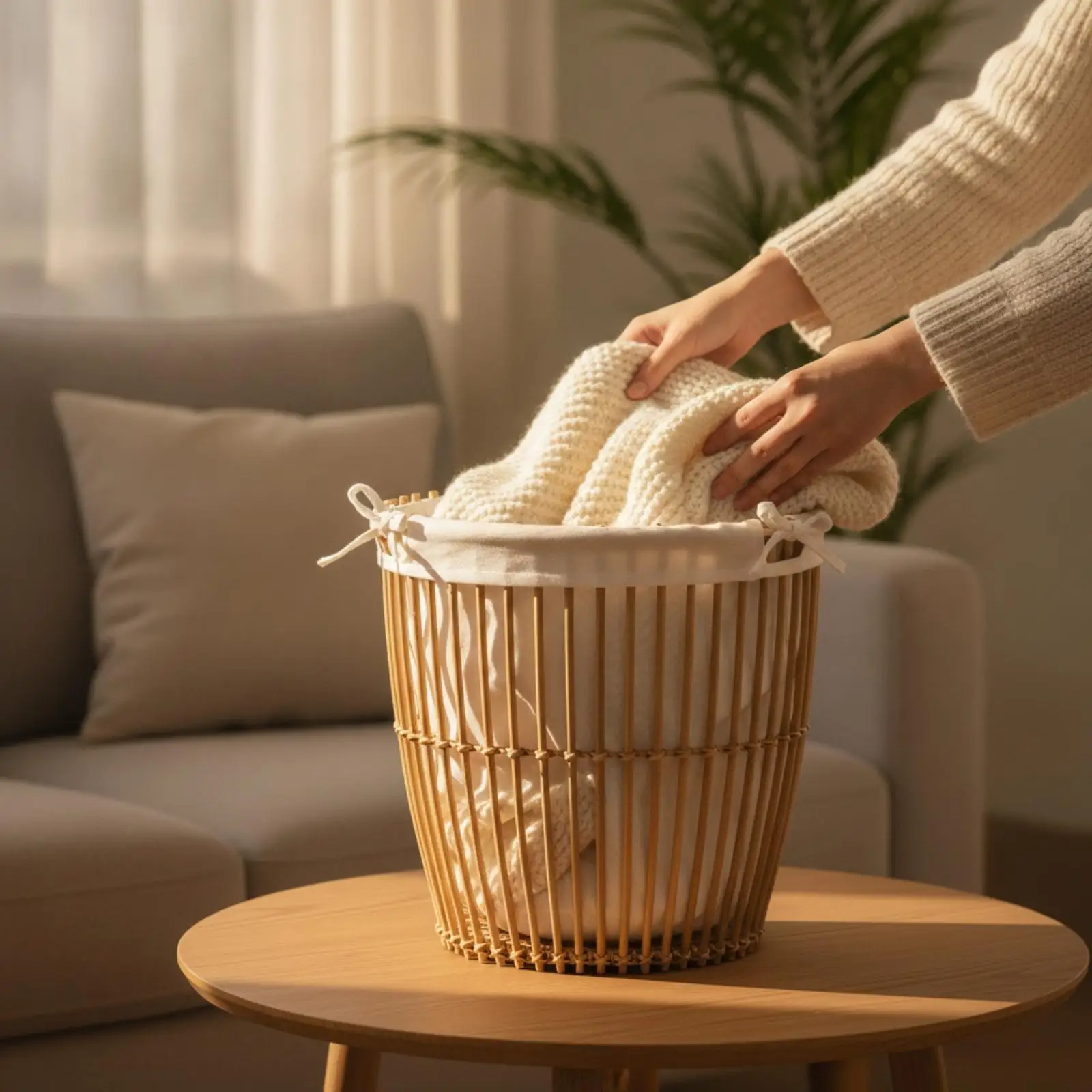 Natural Wicker Braided Organizer Basket with Liner for Bathroom Cushion Comforter Storage Coffin Shape