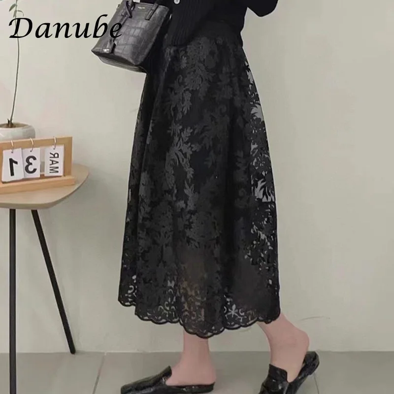 Vintage Floral Embroidery Organza Skirt Women Spring Summer Korean Elegant High Waist A Line Tulle Skirt Wedding Faldas Mujer