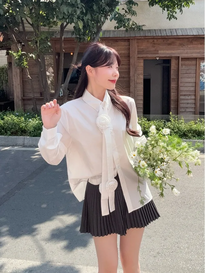 

plus Size Women's Shirt And Skirt Set with Knot And 3D Flower Design Long Sleeve High Waist Dress for Summer