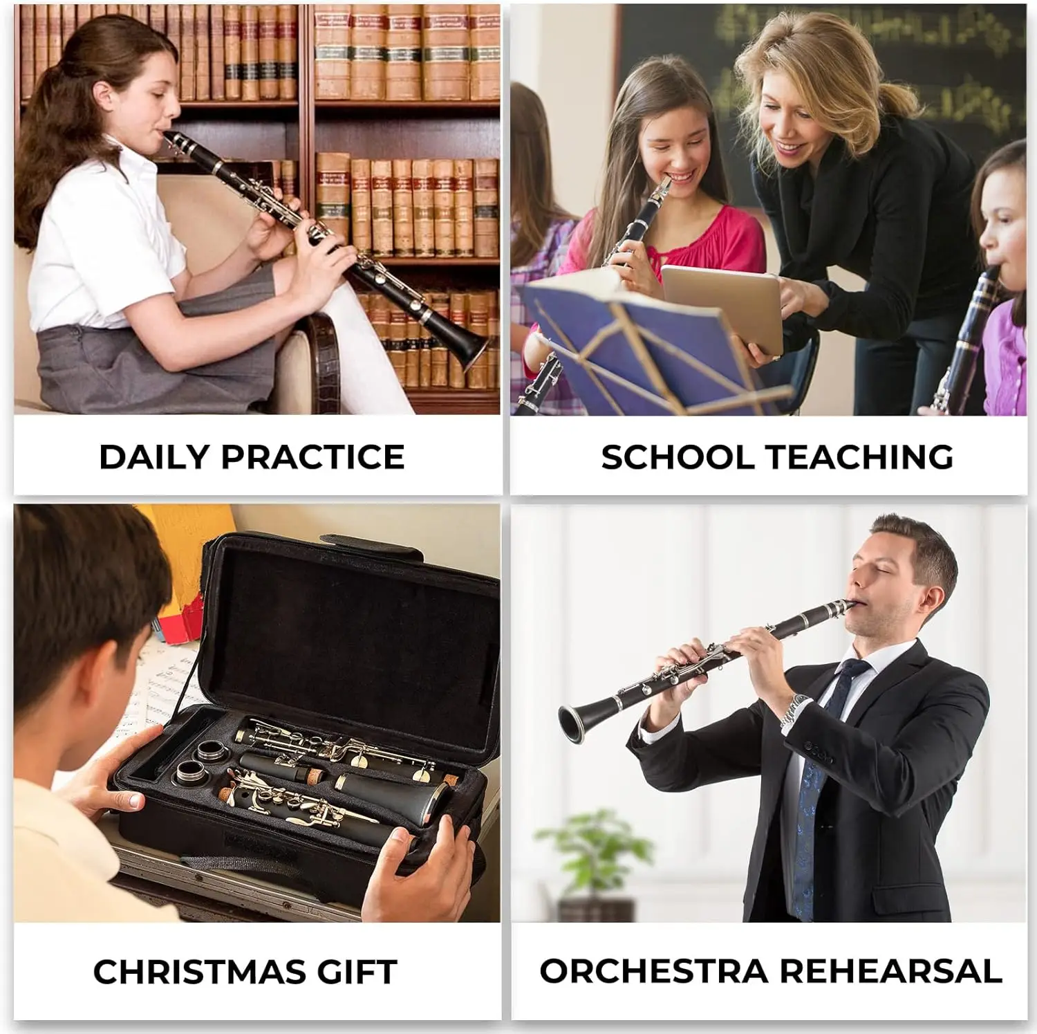 Bb Clarinet Beginner Student Kit with Hard Case, Stand, Cleaning Tools for School Band Orchestra