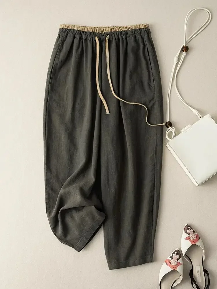 Elastic Drawstring Waist Casual Pants Summer Retro Cotton Linen Loose Harem Pants Basic Versatility Wide-leg Ankle-Length Pants