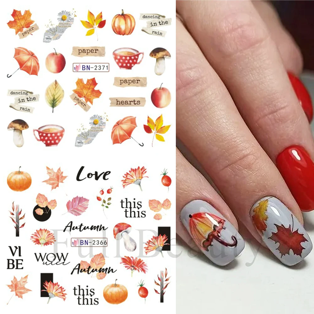 Maple Leaf Nail Stickers Gold Autumn Sliders For Nails Fox Owl Hedgehog Animals Water Decals Set Transfer Tattoos GLBN2365-2376