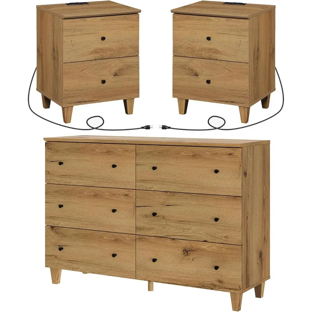 

Drer and Nightstands Set o 3, 47.2 Inches Wood Drer with 6 Ders, 2 Pieces Nightstands with Ders and Charging Stations, Bedroom u