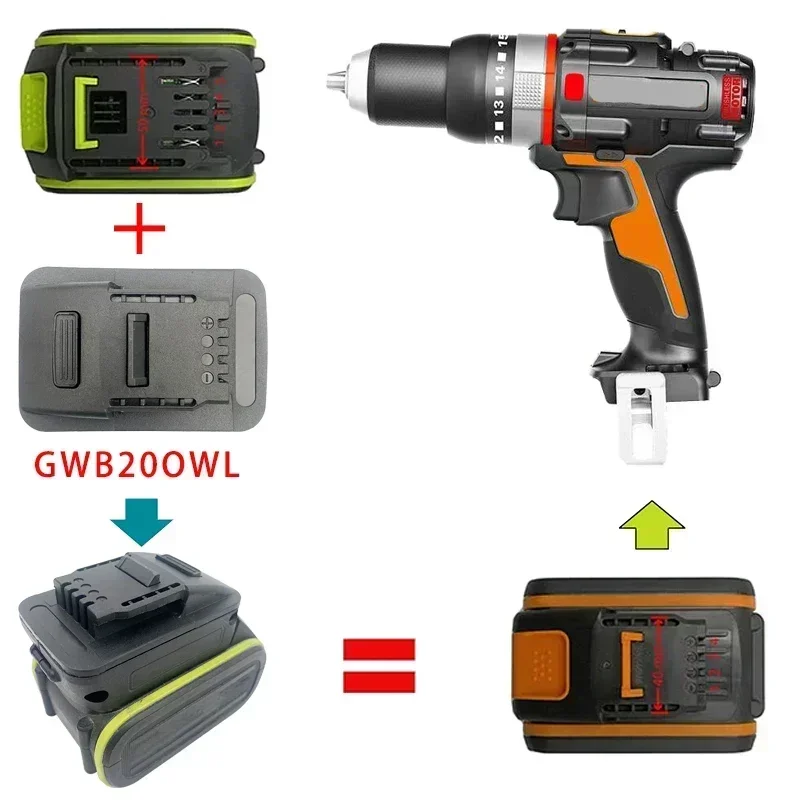 Worx 좁은 와이드 소켓 용 GWB20OWL OWB20GWL 어댑터 변환기 Worx 녹색 대형 주황색 소형 발 도구 용 20V 리튬 이온 배터리