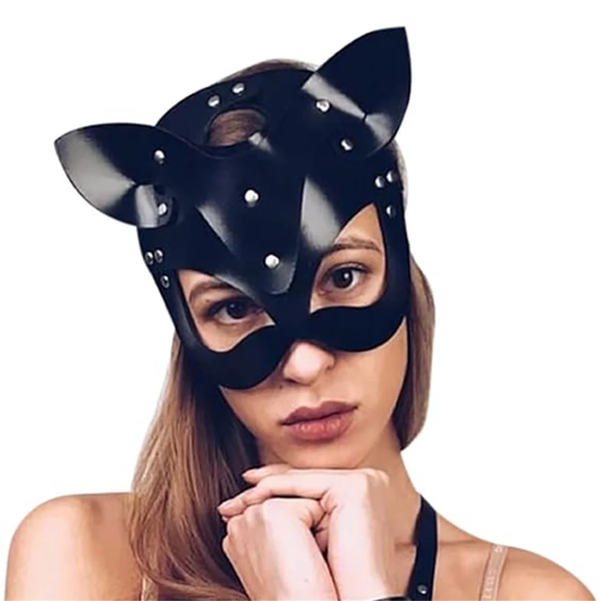 Women Cats Mask Half Face Cats Mask Leather Cats Ears Mask Cosplay Costume Accessory,Black