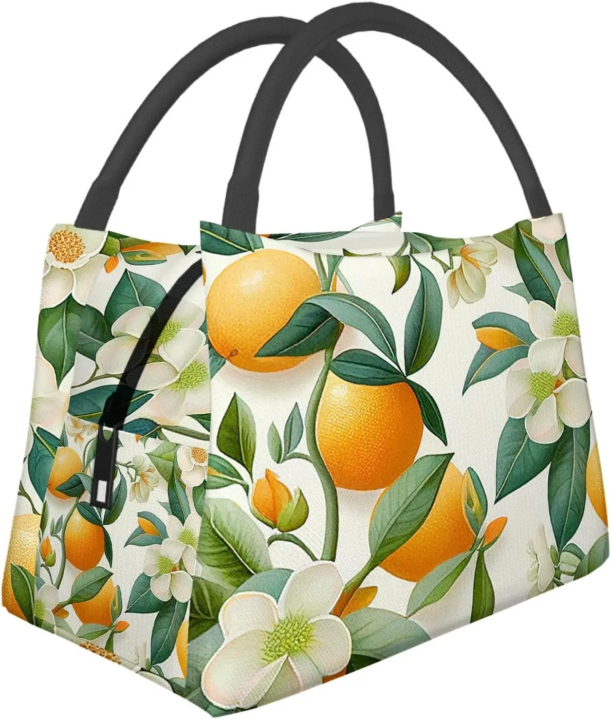 Oranges and flowers pattern Lunch Box Insulated Reusable，Lunch Bag Cooler Bag For Women Men Work Picnic Hiking，11x6.5x7in