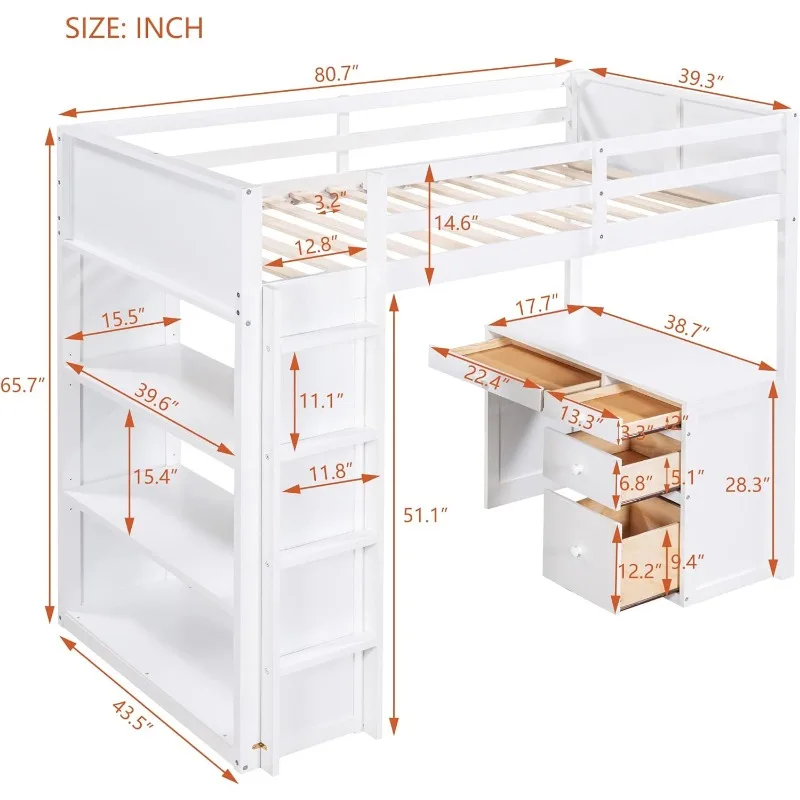 High Loft Bed, Twin Bed Frame with Ladder, Shelves and Desk, No Box Spring Needed, White