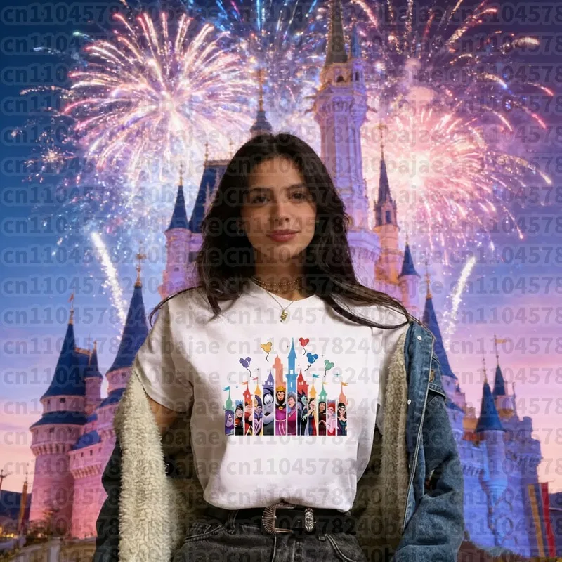 

2025 Summer New Harajuku Princess Style Disney Villain Background Letters Fashion Casual Plus Size 100% Cotton Printed T-shirt