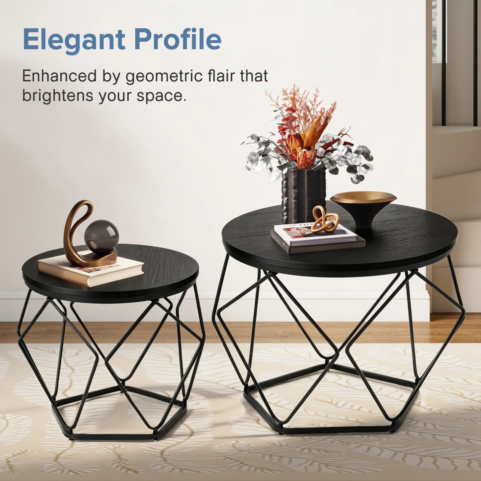 round nesting coffee table set in living room