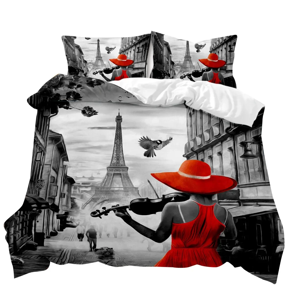 Retro Architectural Duvet Cover Woman In Red Dress Plays The Violin At The Eiffel Tower Double Queen King Polyester Qulit Cover