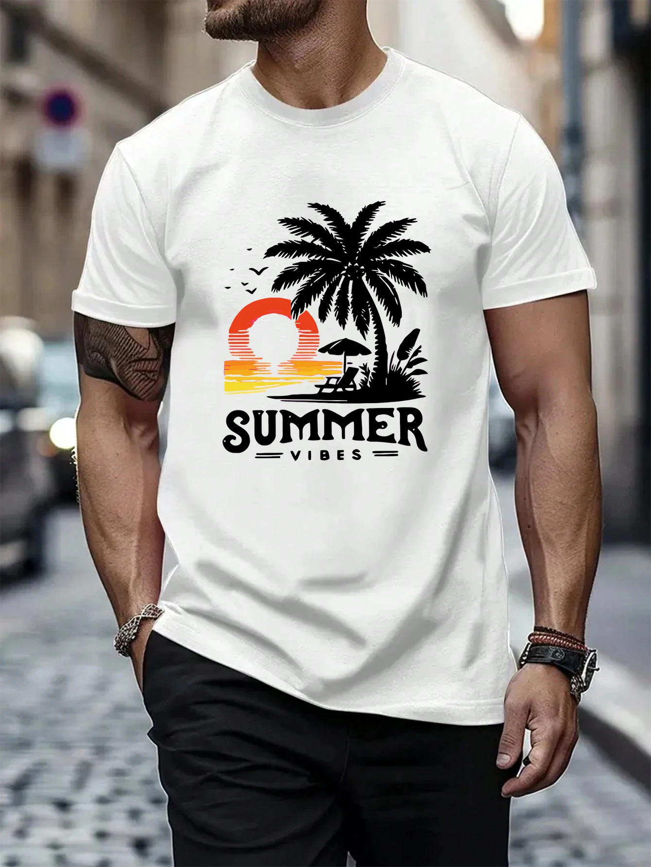 Summer Sunset Vibes Coconut Tree Printing O-Neck Soft T-Shirt Mans Cotton Short Sleeve All-Match Casual Tops Daily Office Tee