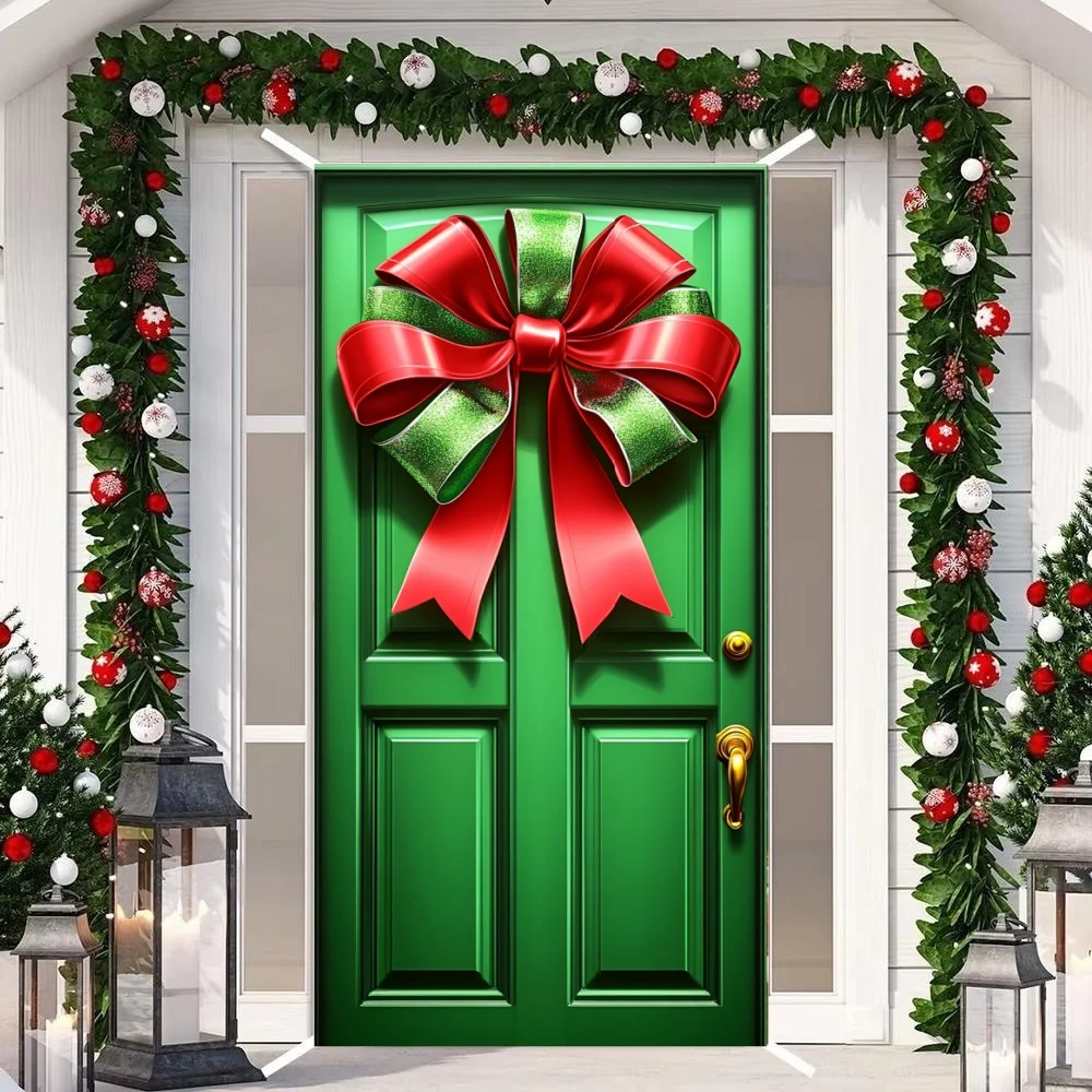 Large Bow For Front Door Christmas Door Cover Decoration Xmas Gift Bowknot Background Indoor Outdoor Porch Banner Party Supplies