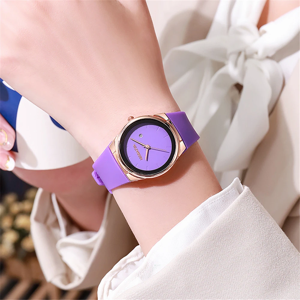 Simplicity-Montre à quartz avec bracelet en silicone pour femme, boîtier noir rose et or, horloge ronde avec calendrier, montre-bracelet tendance