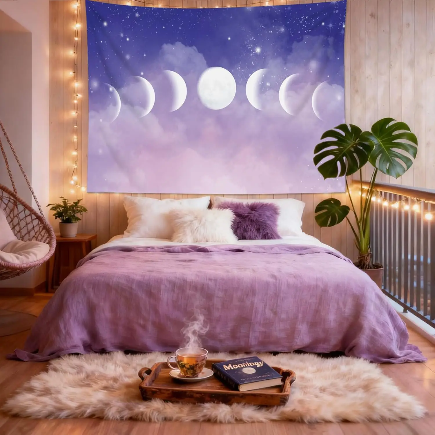 Aesthetic Moon Night Sky Wall Tapestry Celestial Galaxy Poster Room Decor Printing Purple Pink Nebula Art Polyester Material