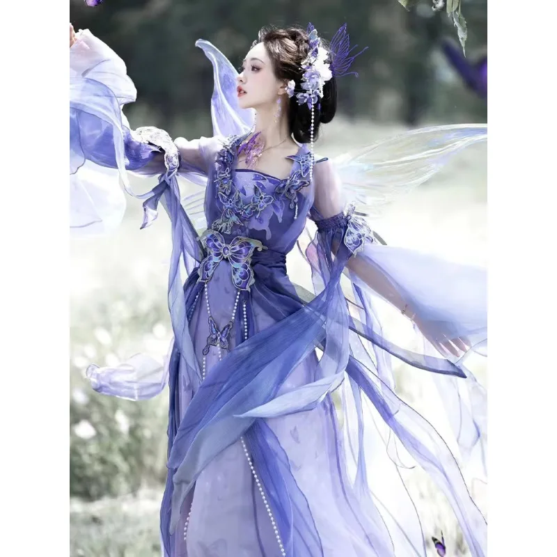 Retro Chinese Women Hanfu Dress Embroidery Butterfly Big Sleeve Cosplay Party Fairy Dance Costume