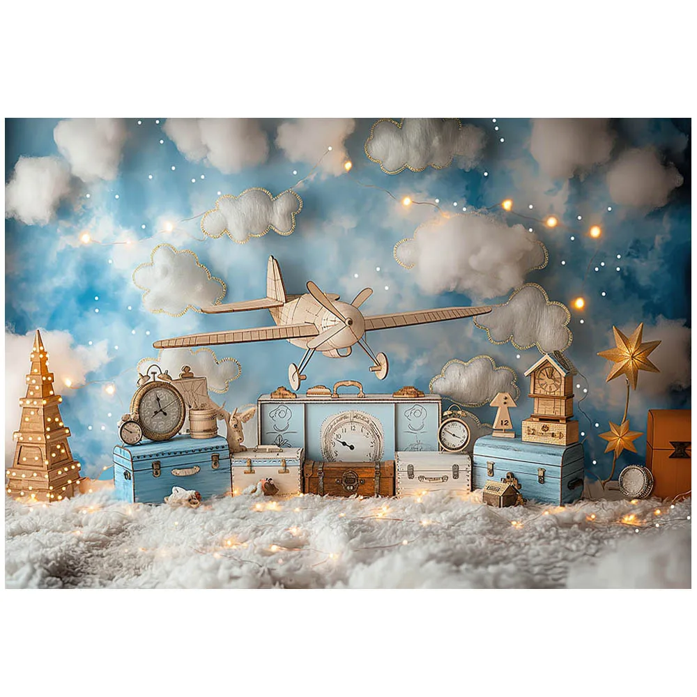 Mocsicka Airplane Adventure Awaits Baby Kids Photography Background Blue Sky White Clouds Boys 1st Birthday Party Decor Backdrop