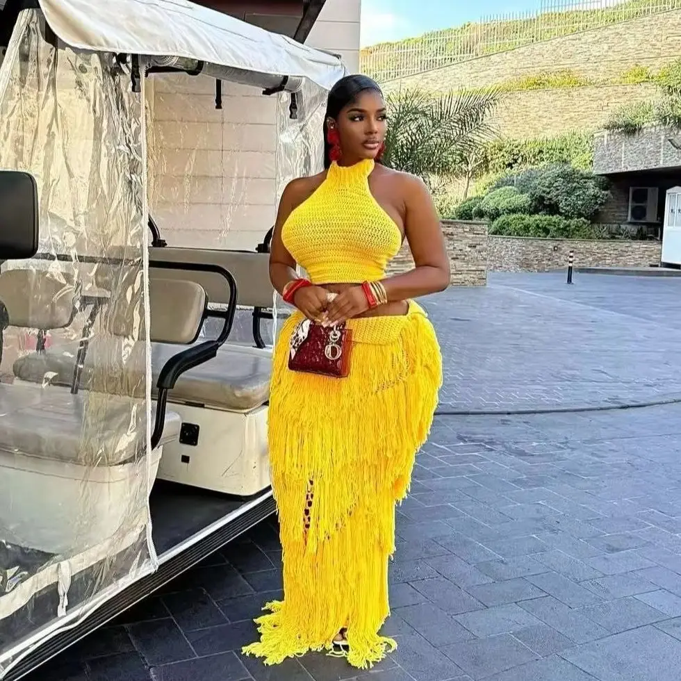 Crochet Knit Maxi Dress 2 Piece Skirt Sets 2026 Women Sexy Knitted Tassel Fringe Dress Elegant Two Piece Sets Outfit Knitwear view 3