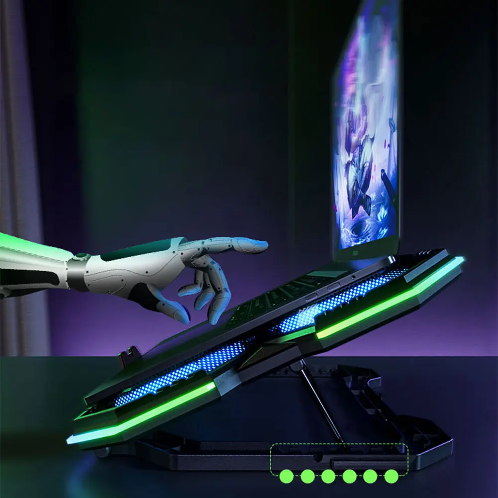 لوحة تبريد الكمبيوتر المحمول 2 منافذ USB مبرد الهواء حامل الكمبيوتر المحمول مع 6 مراوح هادئة ارتفاع قابل للتعديل للكمبيوتر المحمول 12-21 بوصة