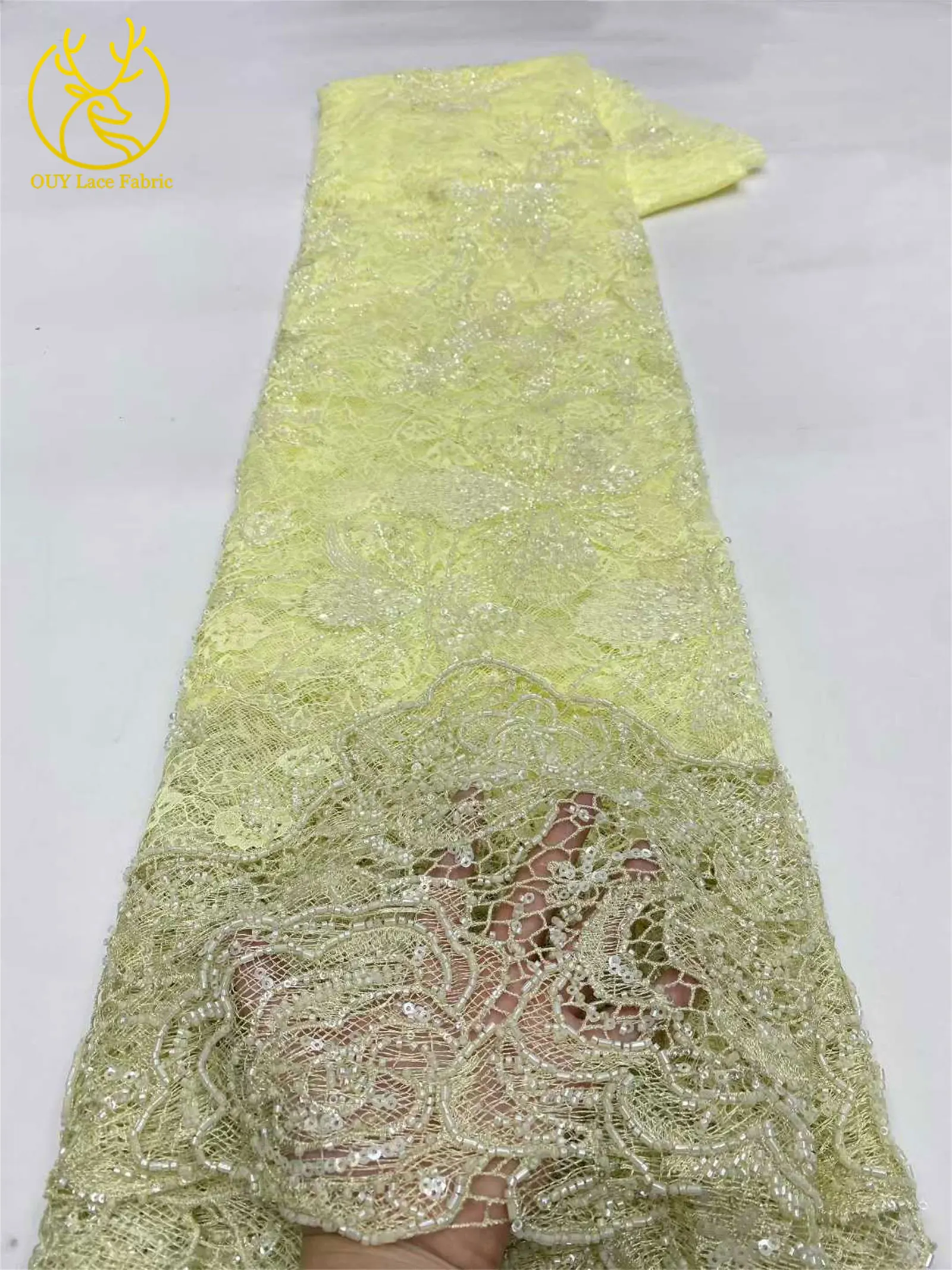 Afrikanischer nigerianischer Brautkleidstoff mit Perlen und Spitze 2026 – Hochwertige Pailletten-Stickerei auf französischem Tüllnetz für Hochzeitskleider zum Nähen, 5Y – Detail 17
