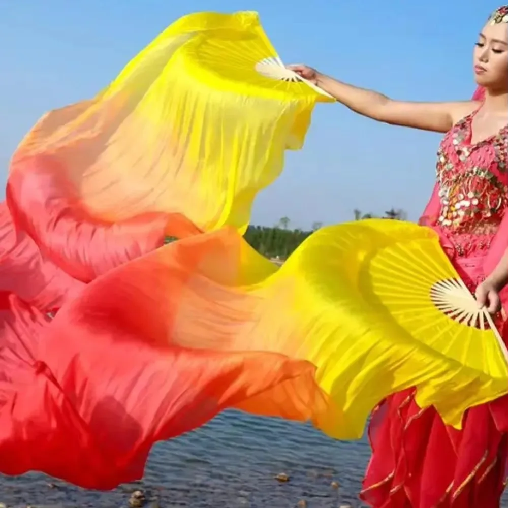 Exquisite 150cm Belly Dancing Fan Imitation Silk Gradient Color Dance Long Fan Bamboo Chinese Style Yangko Dance Props Women