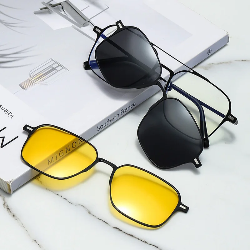 

Metal 3 In 1 New Style Magnet Clip On Glasses Frame Trend Polarized Sunglasses For Men 2023 Optical Computer Glasses UV400 7009