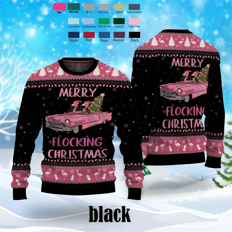 Merry Flocking Christmas Ugly Sweater Fashion Flamingos Pattern Holiday Xmas Mens Sweatshirt Loose Streetwear Pullover Tracksuit