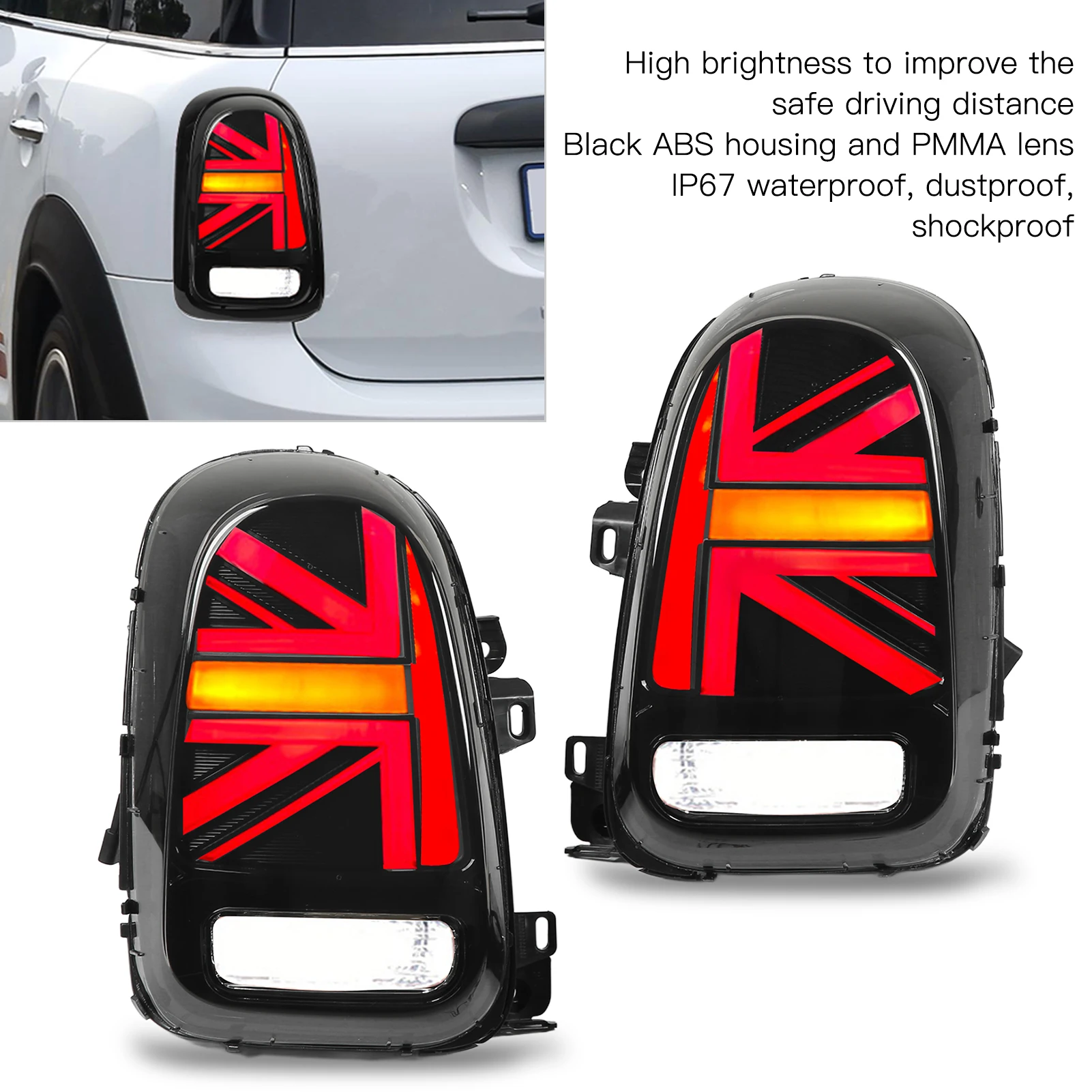 

For Mini Countryman F60 2017‑2022 1 Pair Black Full LED Union Jack Tail Light Lamp With Sequential Turn Signal IP67 Waterproof