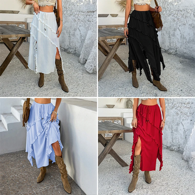 

Summer Comfortable Casual Versatile Skirt Holiday Style Women's Simple Solid Color Lace Lace Split Waist Mid-length Skirt