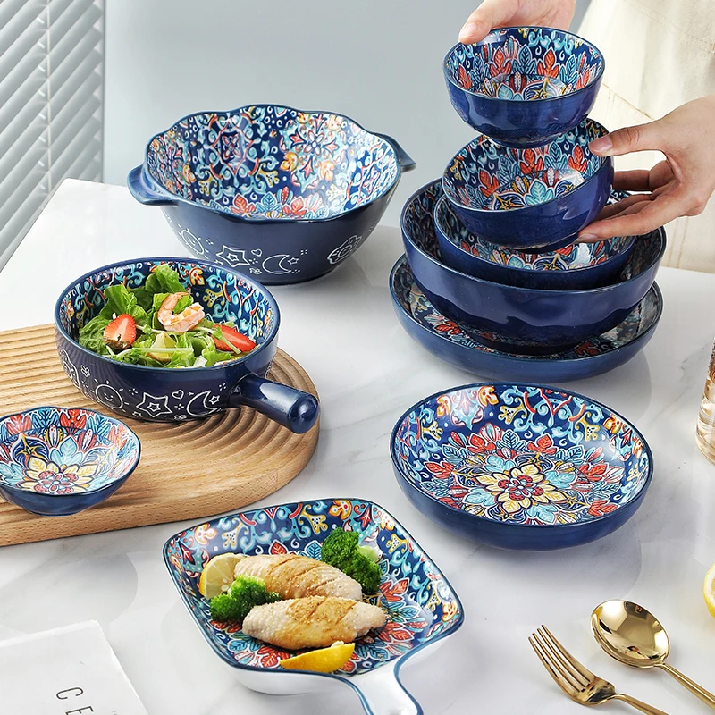 Bohemia Ceramic Bowl Plate Creative Ceramic Cutlery Soup Rice Noodle Bowl Household Handle Bowl Fish Plate Two Ears Dish