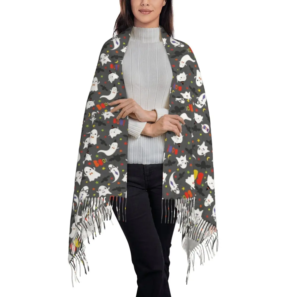 Spooky Ghost Halloween Cartoon Pattern Scarf Tassel Scarves for Women Soft Warm Shawls and Wraps Large Fall Winter Shawl Wrap