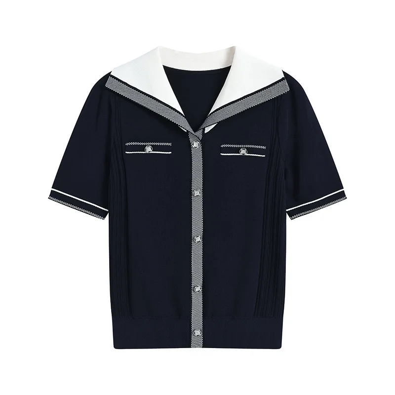 

New Women Sailor collar Short Sleeve Knitted Cotton Sweater Top