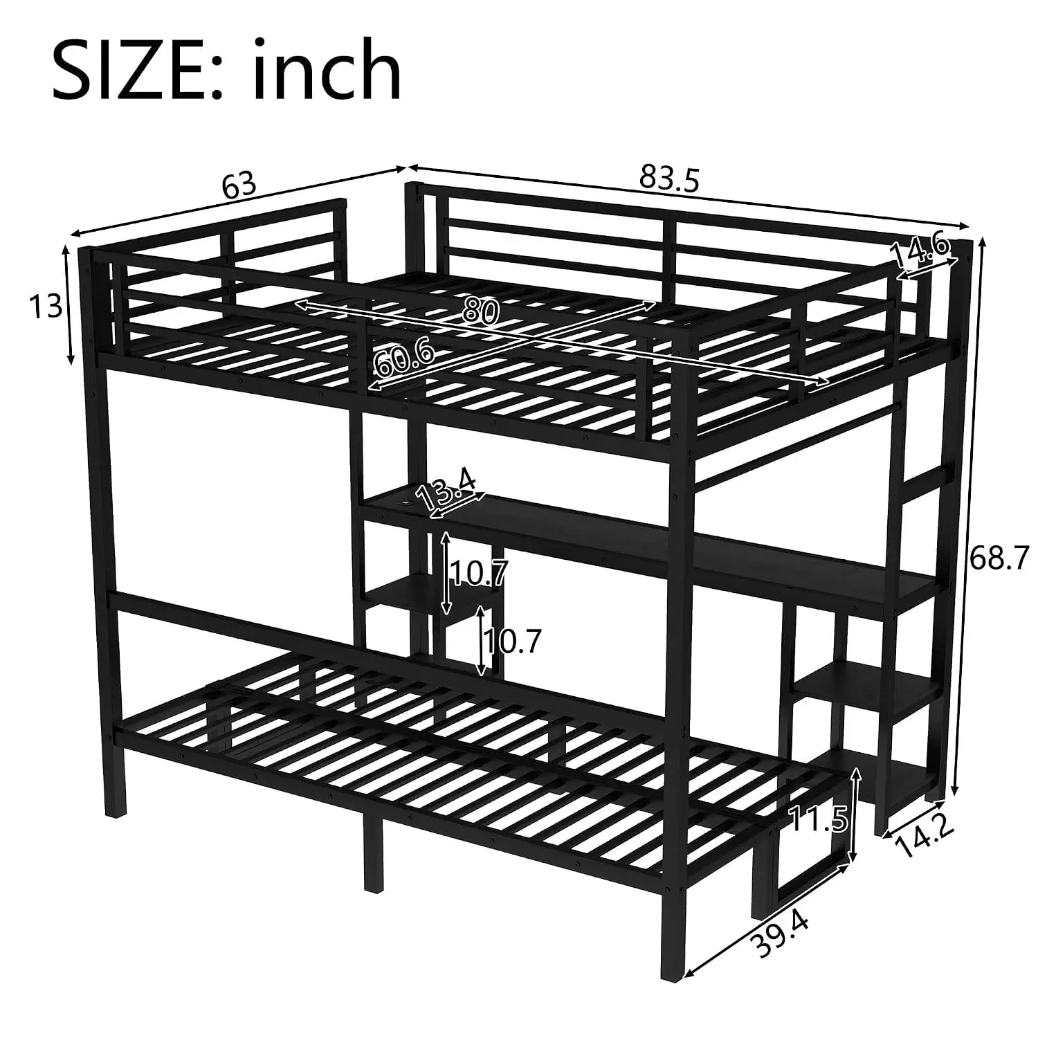 Twin XL Over Queen Futon Bunk Bed With Desk, Shelves, LED & USB, Black, Customized