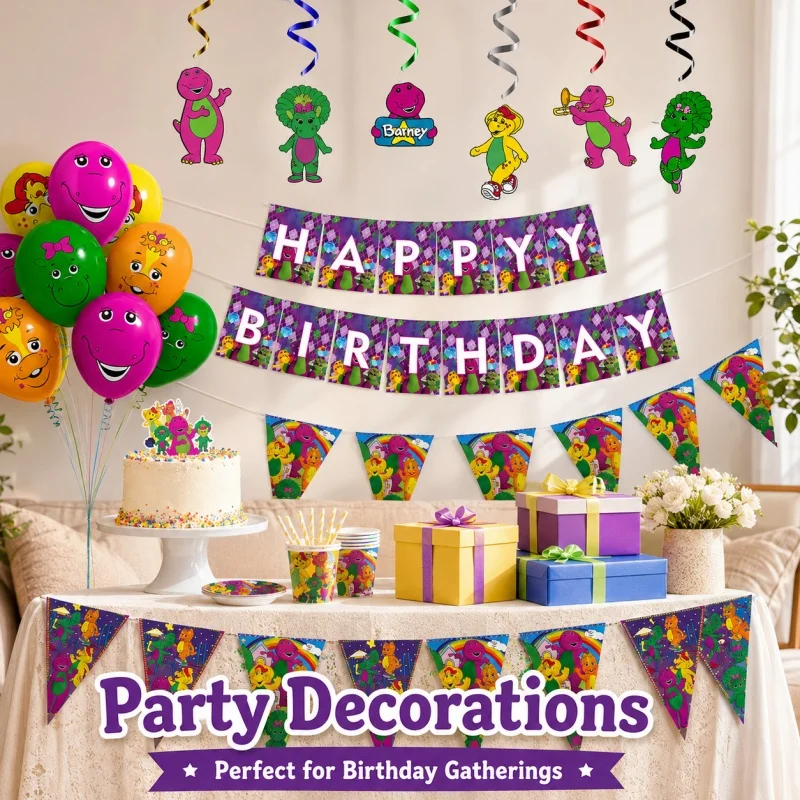 Barney Birthday Party Decoration Tableware Set Hot Sale Party Supplies Kit Plates Cups Flag Background Banner Decor for Party